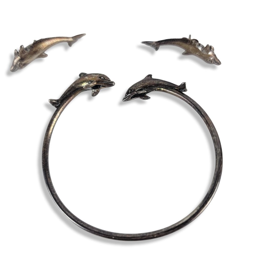 Kabana 925 Sterling Silver Kissing Dolphin Bracelet and Stud Earring Set